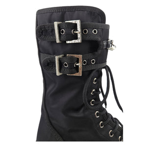 Black combat boot upper with buckled straps, metal eyelets, and lace-up front