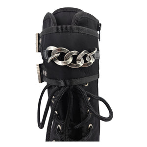 Black combat boot cuff with large silver chain links and lace-up front