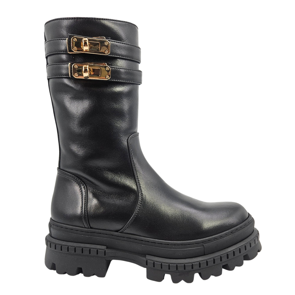 Black leather platform boots with two buckle straps and gold-tone hardware.