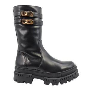 Black leather platform boots with two buckle straps and gold-tone hardware.