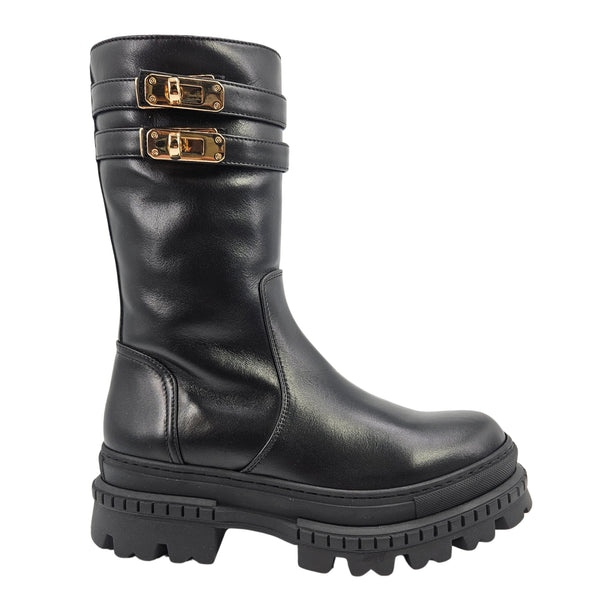 Black leather platform boots with two buckle straps and gold-tone hardware.