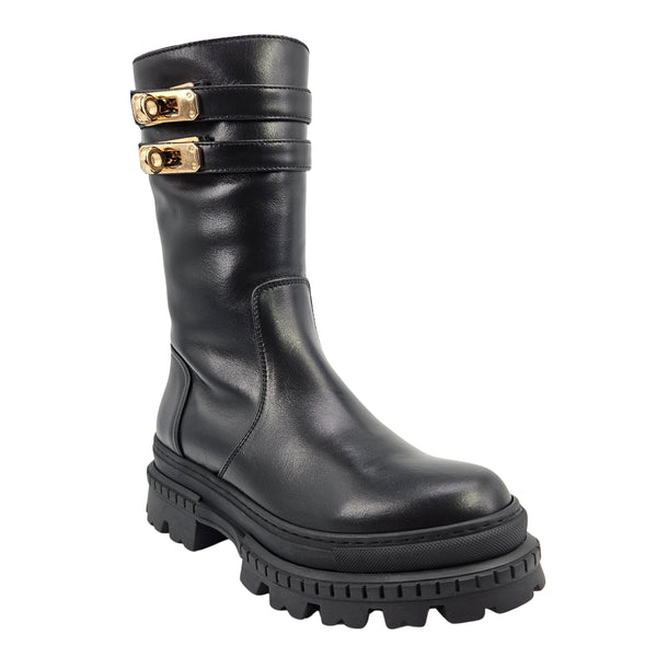 Black platform boots with two buckle straps and thick rugged sole.