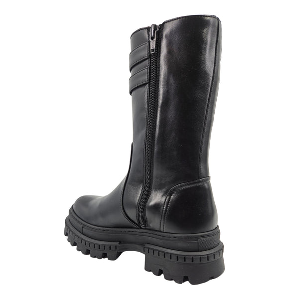 Black platform boots with full-length side zipper and padded shaft.