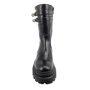 Black leather platform boots with front panel seam and thick rubber sole.
