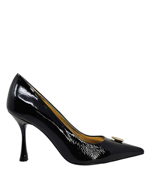 Black patent leather pump with point toe, slim heel, and gold-tone lock detail