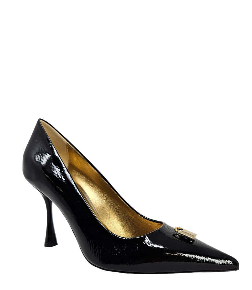 Black patent leather pump with point toe, slim heel, and gold-tone lock detail