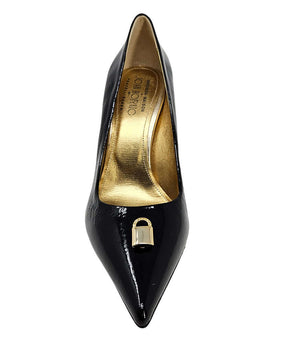 Black pointed pump with gold lining and front buckle/lock strap detail