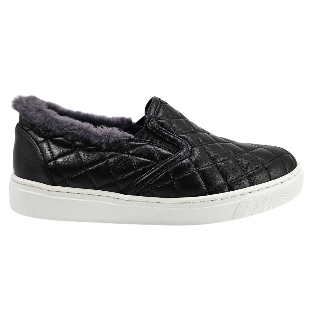 Black quilted leather slip-on sneaker with gray shearling lining and white sole
