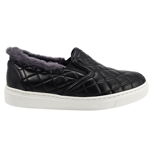 Black quilted leather slip-on sneaker with gray shearling lining and white sole