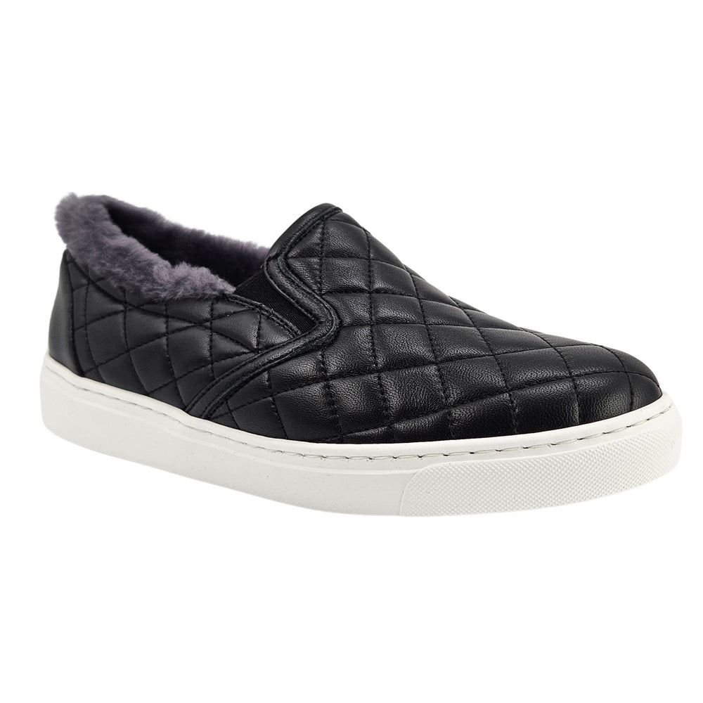 Black quilted leather slip-on sneaker with gray shearling lining and white sole