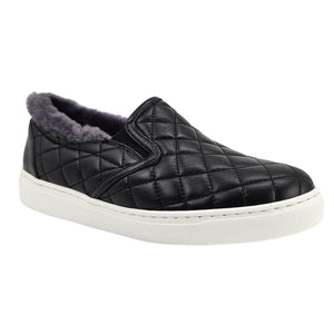 Black quilted leather slip-on sneaker, gray shearling collar and thick white sole