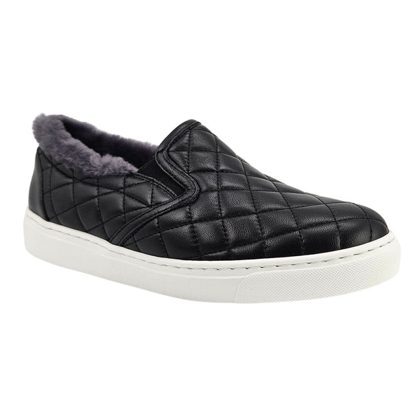 Black quilted leather slip-on sneaker, gray shearling collar and thick white sole