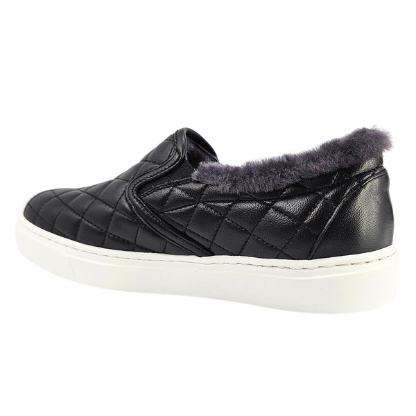 Black quilted leather slip-on sneaker with gray shearling lining and padded collar