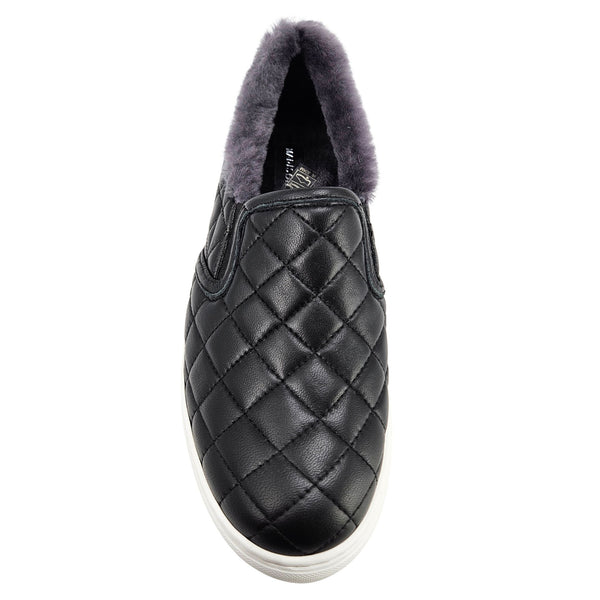 Black quilted leather slip-on sneaker with gray shearling lining visible at opening