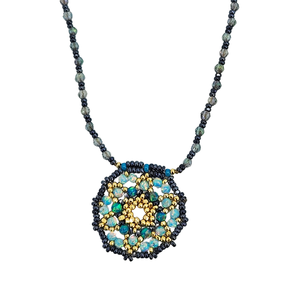 Beaded dreamer necklace with round multicolor beaded pendant, blue and teal accents