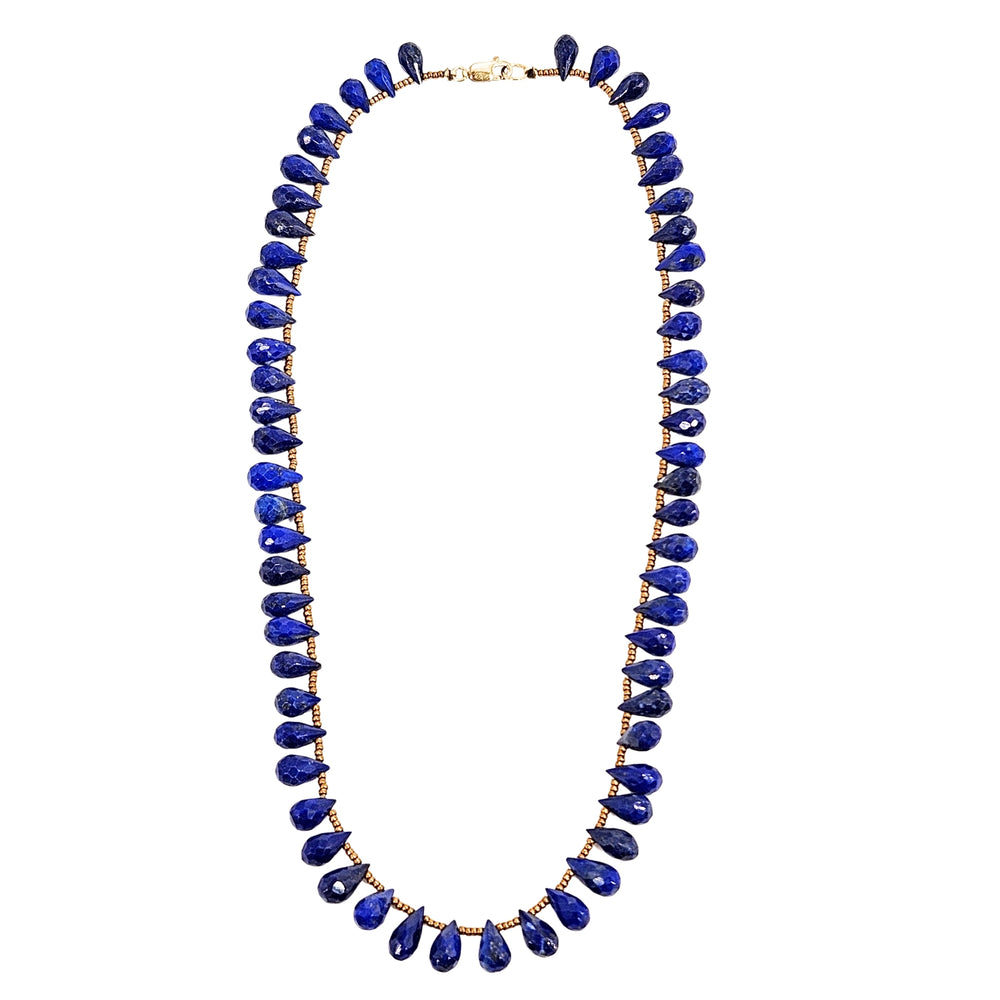 Blue teardrop gemstone bead choker necklace with faceted drops and gold-tone links