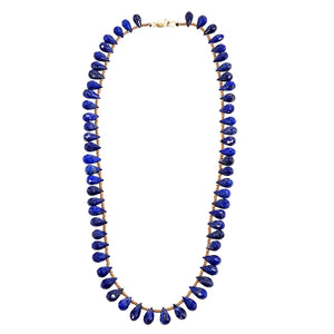 Blue teardrop gemstone bead choker necklace with faceted drops and gold-tone links