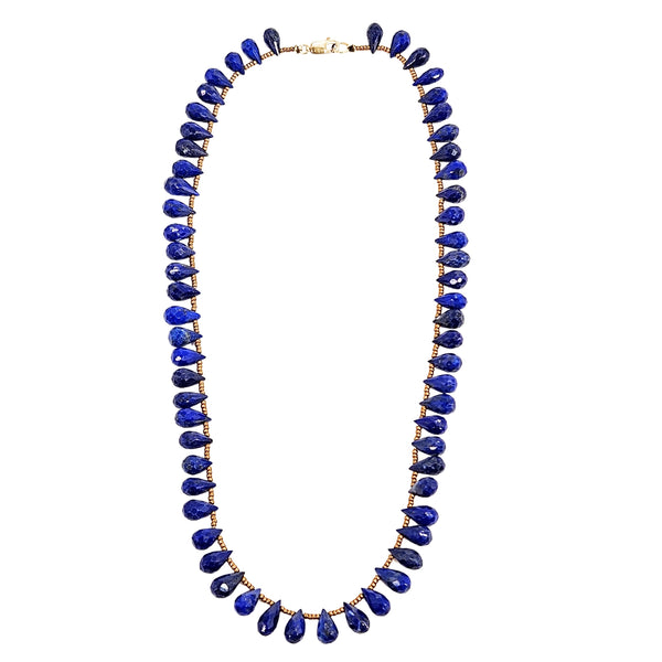 Blue teardrop gemstone bead choker necklace with faceted drops and gold-tone links