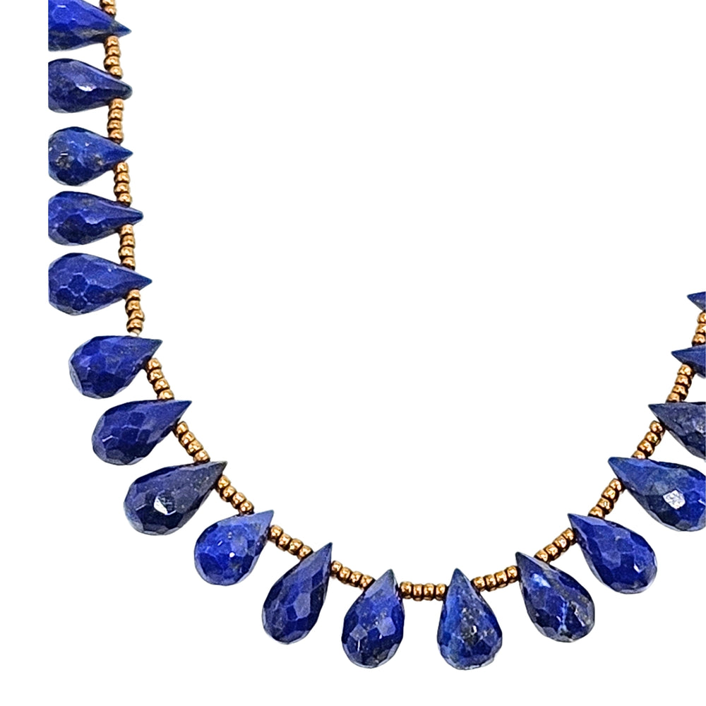 Blue teardrop gemstone bead choker necklace with faceted drops and gold-tone links