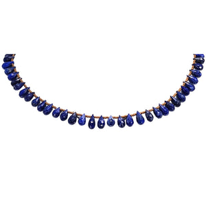 Blue faceted teardrop bead choker necklace with gold-tone bead spacers