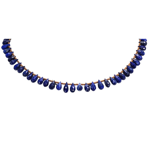 Blue faceted teardrop bead choker necklace with gold-tone bead spacers