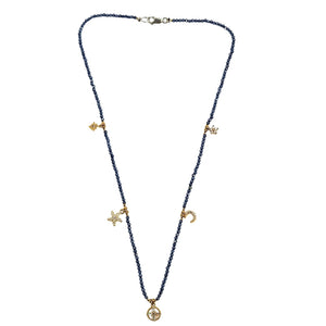 Blue faceted bead charm necklace with gold-tone star, crescent, and round pendant