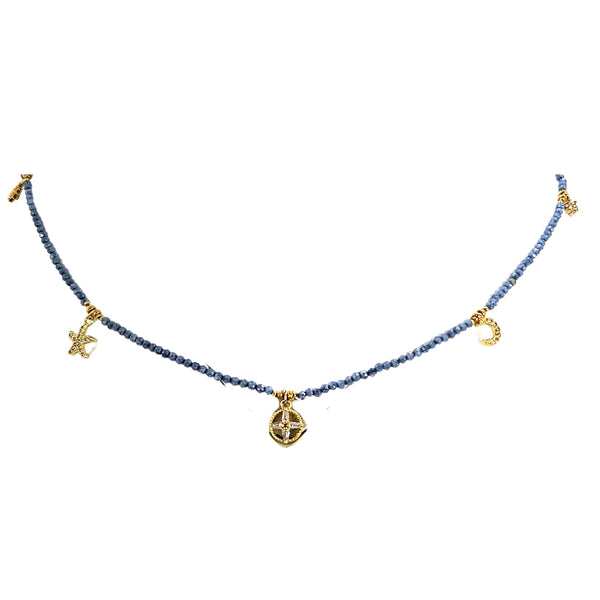 Blue faceted bead choker necklace with gold-tone star, moon, and center round charm
