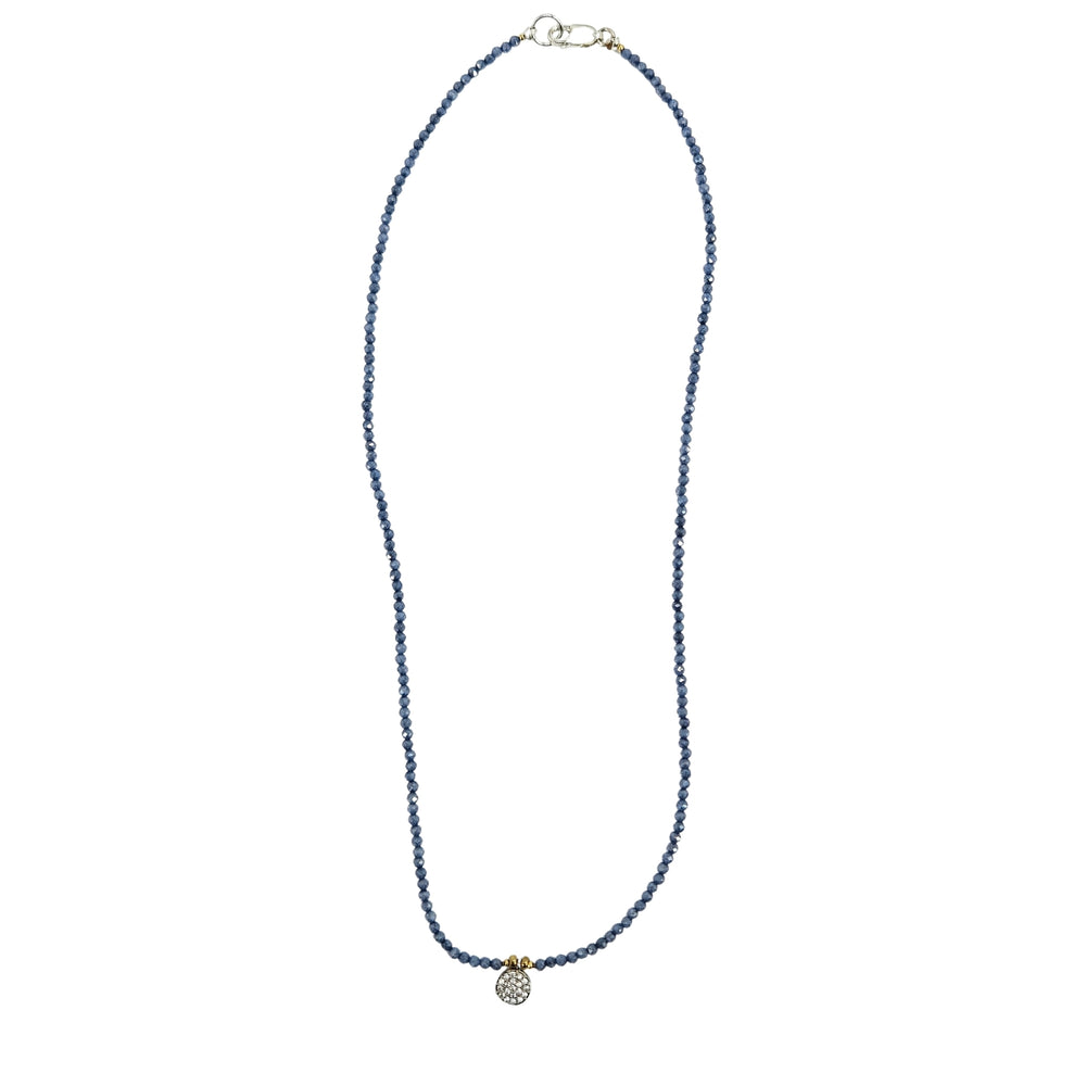 Blue beaded charm necklace with round crystal pendant and silver clasp