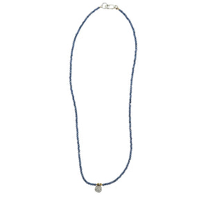 Blue beaded charm necklace with round crystal pendant and silver clasp
