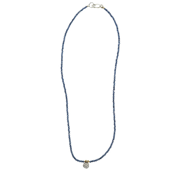 Blue beaded charm necklace with round crystal pendant and silver clasp