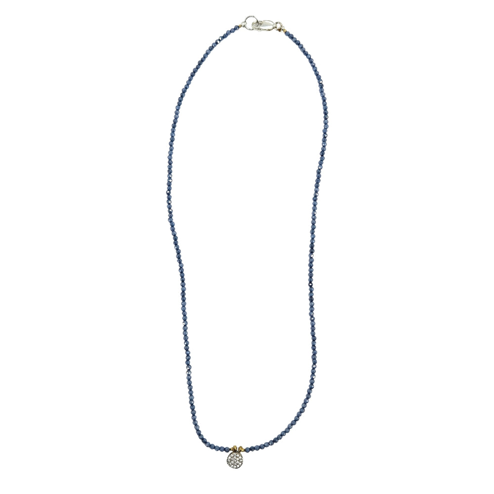 Blue beaded charm necklace with round crystal pendant and silver clasp