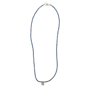 Blue beaded necklace with round crystal charm and lobster clasp
