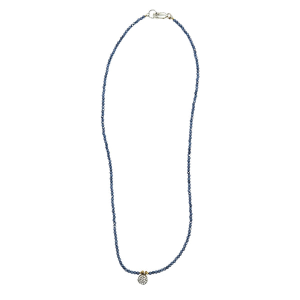 Blue beaded necklace with round crystal charm and lobster clasp
