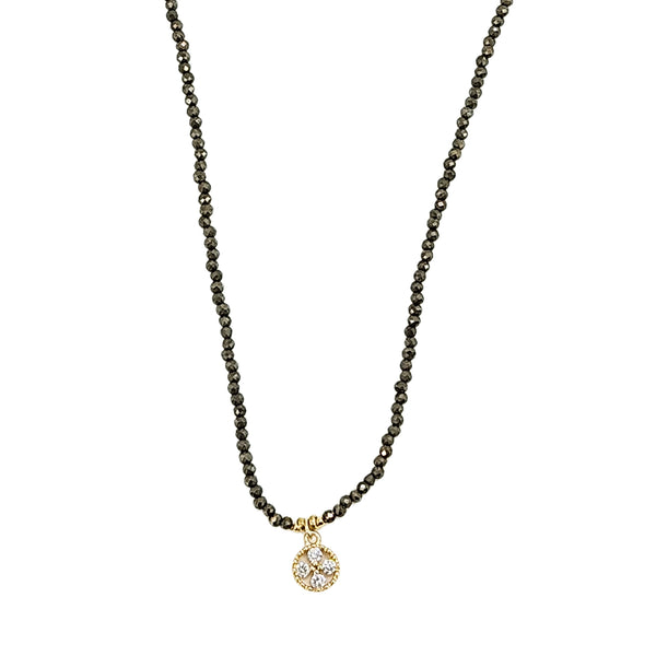 Faceted bead charm necklace with four-stone round pendant and bronze beads
