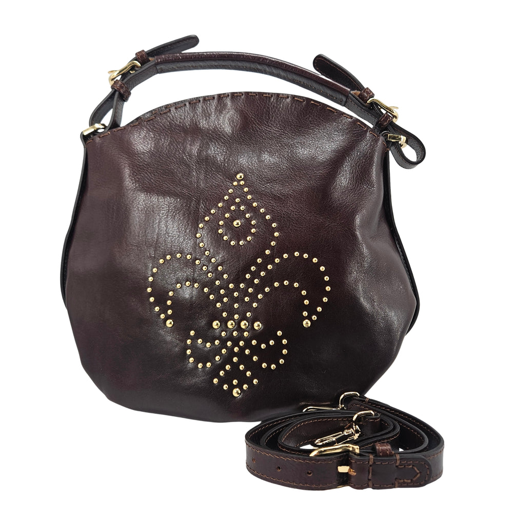 Brown studded leather shoulder bag with gold fleur de lis stud design and crossbody strap