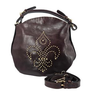 Brown studded leather shoulder bag with gold fleur de lis studs and top handles