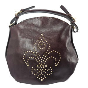 Brown studded leather shoulder bag with gold fleur de lis stud design and crossbody strap