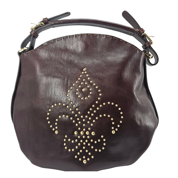 Brown studded leather shoulder bag with gold fleur de lis stud design and crossbody strap