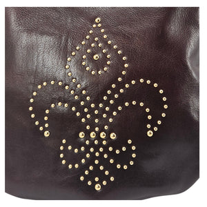 Brown leather shoulder bag front with gold fleur de lis studded pattern