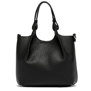 Black mini hobo bag in pebbled leather with two top handles and side buckles