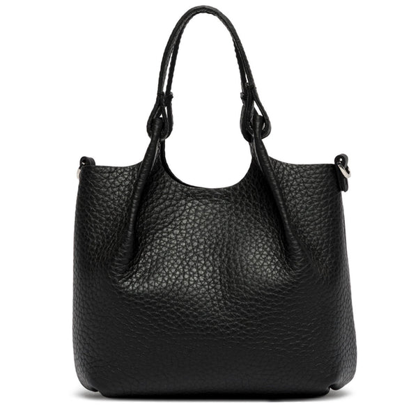 Black mini hobo bag in pebbled leather with two top handles and side buckles