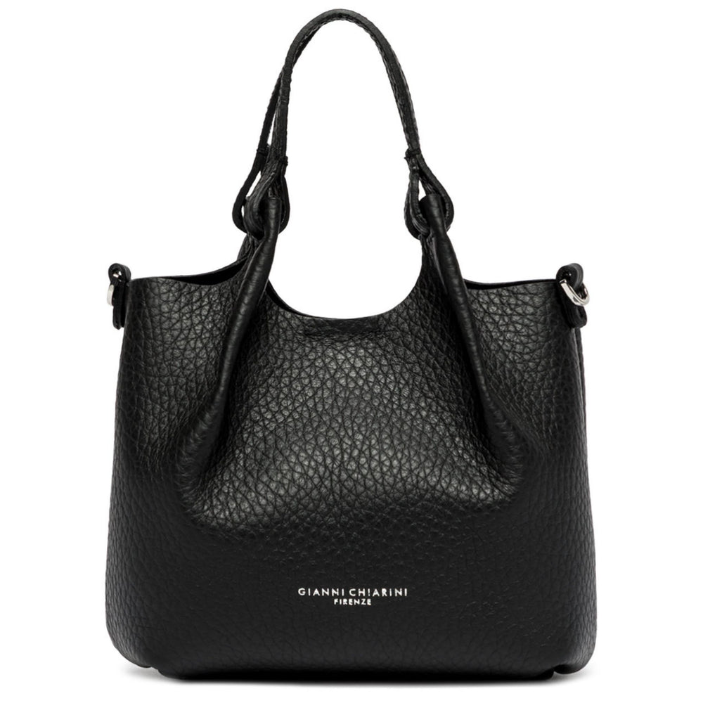Black mini hobo bag in pebbled leather with top handles and matching strap