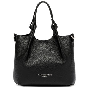 Black pebbled leather mini hobo bag with double handles and small side hardware