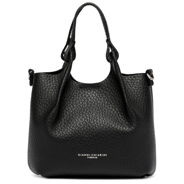 Black pebbled leather mini hobo bag with double handles and small side hardware