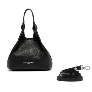 Black mini hobo bag in pebbled leather with top handles and matching strap
