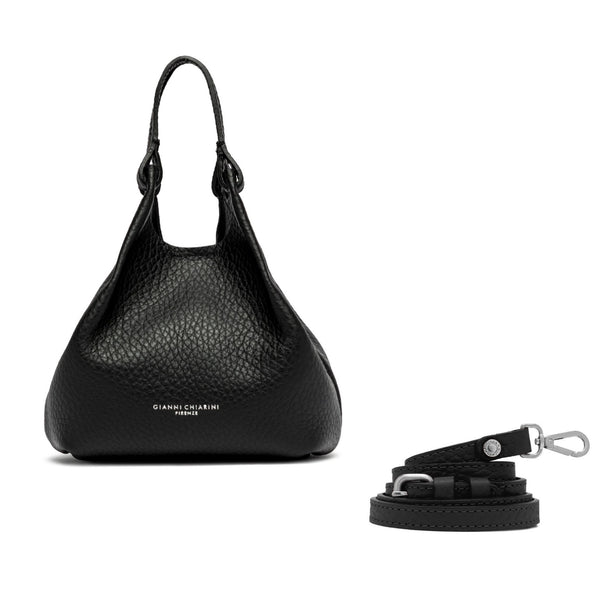 Black mini hobo bag in pebbled leather with top handles and matching strap