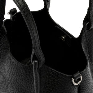 Close-up of black leather mini hobo bag interior and side D-ring hardware