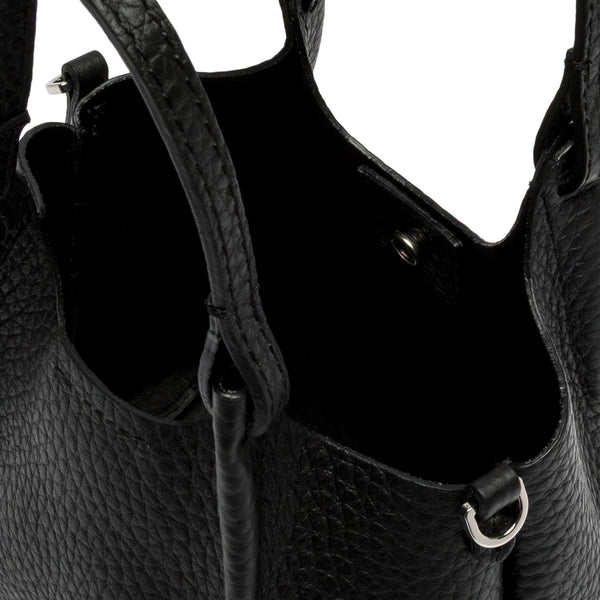 Close-up of black leather mini hobo bag interior and side D-ring hardware