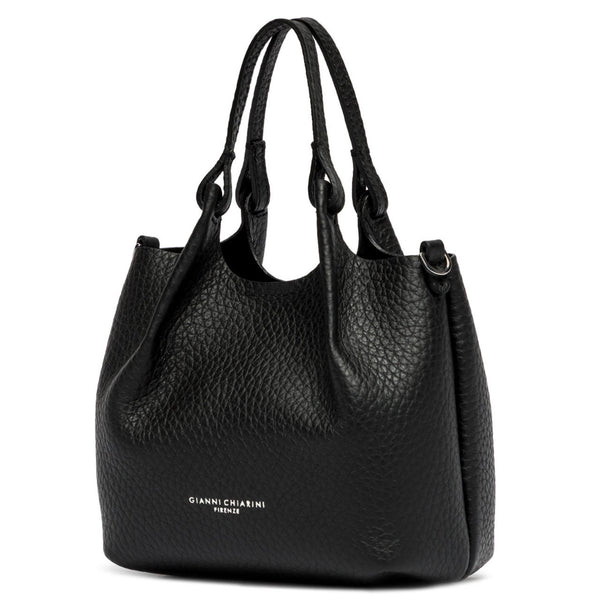 Black pebbled leather mini hobo bag with structured sides, double handles, and logo