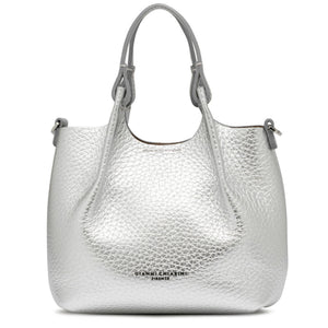 Silver mini hobo bag with textured leather, dual top handles, and small metal top studs